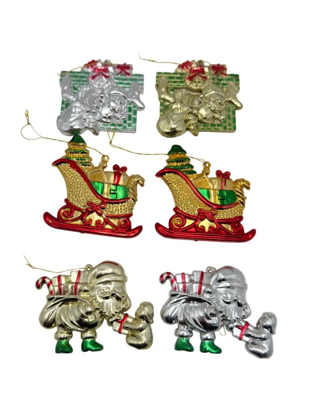 Metallic Plastic Christmas Ornaments Set Of 6 Santa Sleigh Fireplace Holiday Vtg